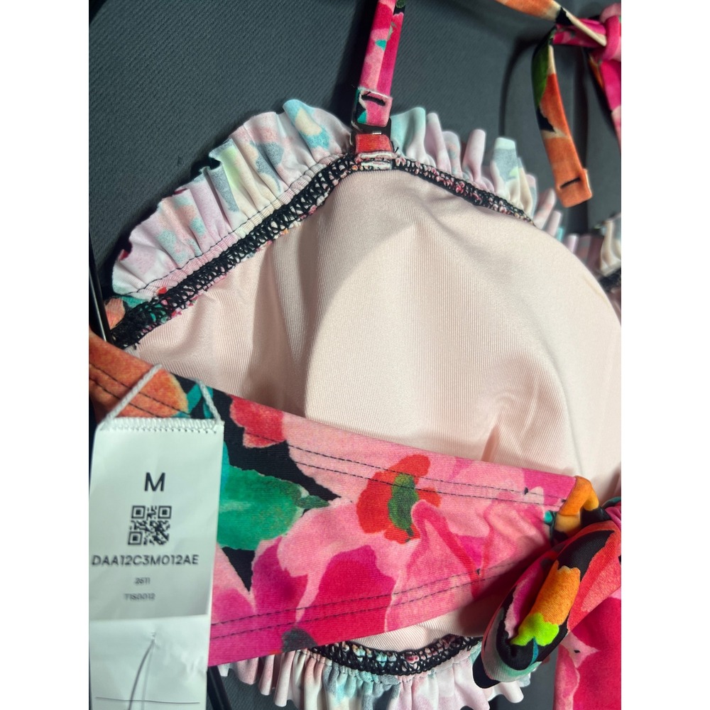 Cupshe Womens Floral Smocked Bandeau Bikini Set Pink Orange Halter Medium NEW - Picture 4 of 4